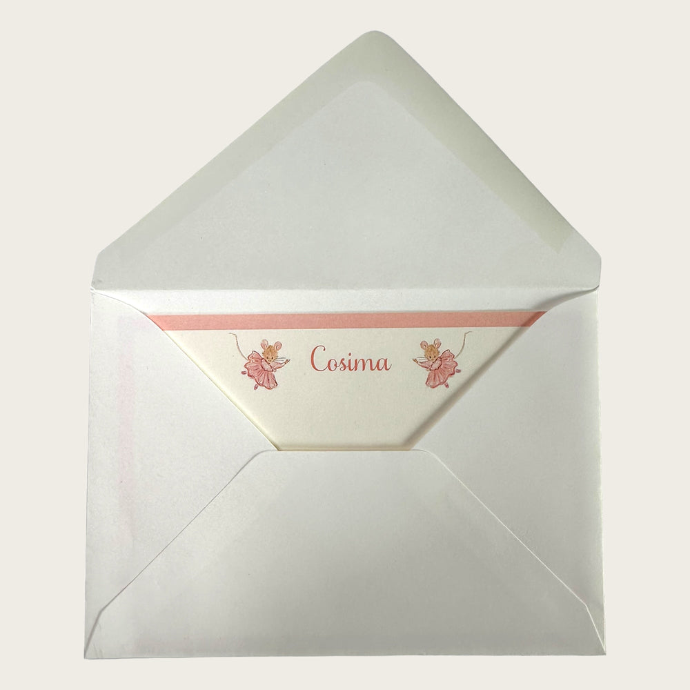 Back view of Prima Mouse notecard envelope showing personalized name Cosima and pink mouse illustrations on an off-white liner