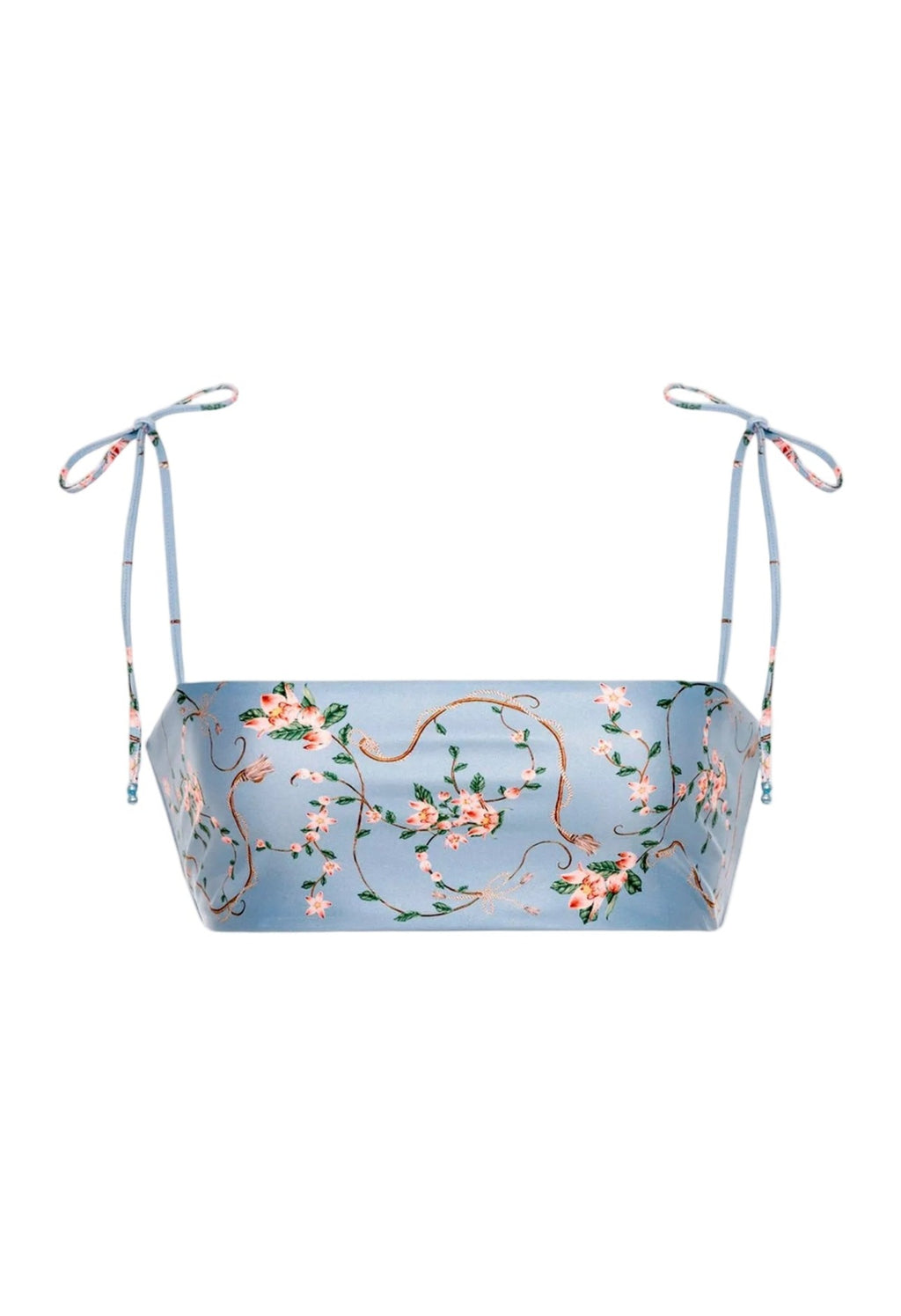 Front view of Primavera Navegante Bikini Top showcasing floral bandeau design and adjustable tie straps on white background