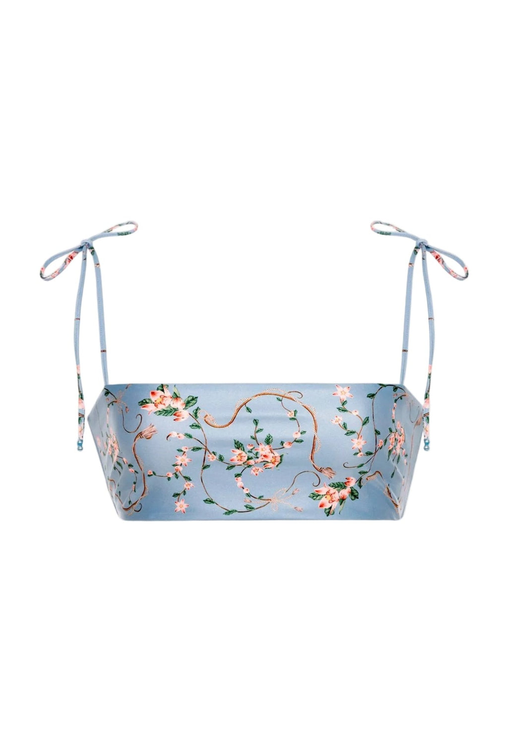 Front view of Primavera Navegante Bikini Top showcasing floral print, bandeau style, and adjustable straps with a white background