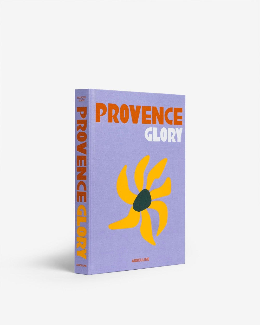 Three-quarter view of Provence Glory linen hardcover book with lavender cover, orange PROVENCE title, white GLORY text and large yellow flower on white background