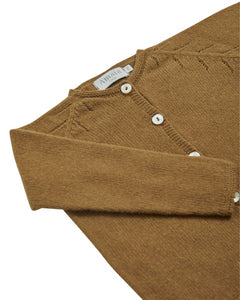 Brown knitted cardigan with button details on a white background
