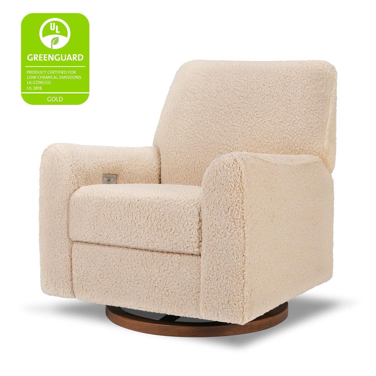 Sunday Power Recliner and Swivel Glider in Chai Shearling with Dark Wood Base
