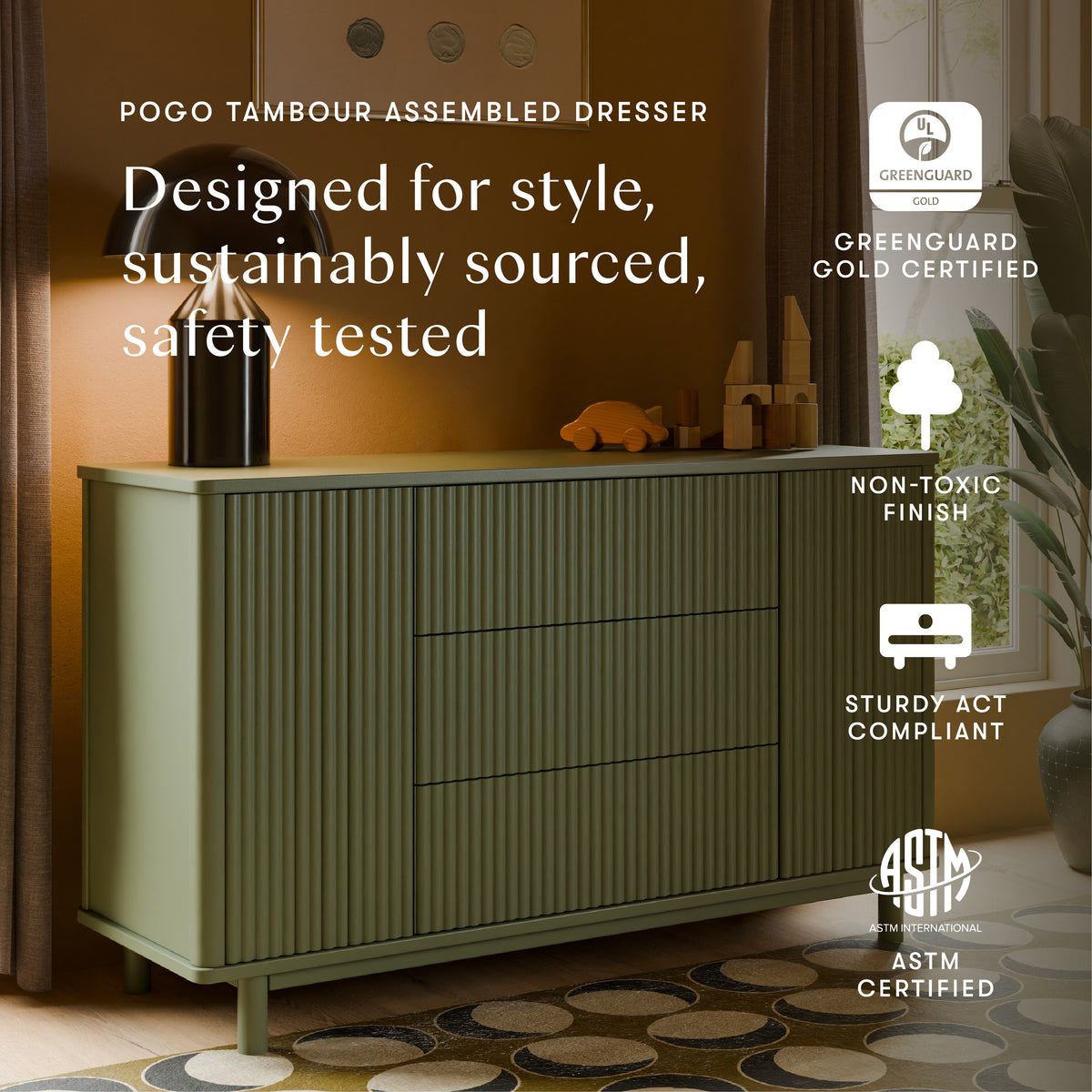 Pogo Tambour Extra Wide Assembled Dresser (58") in Olive