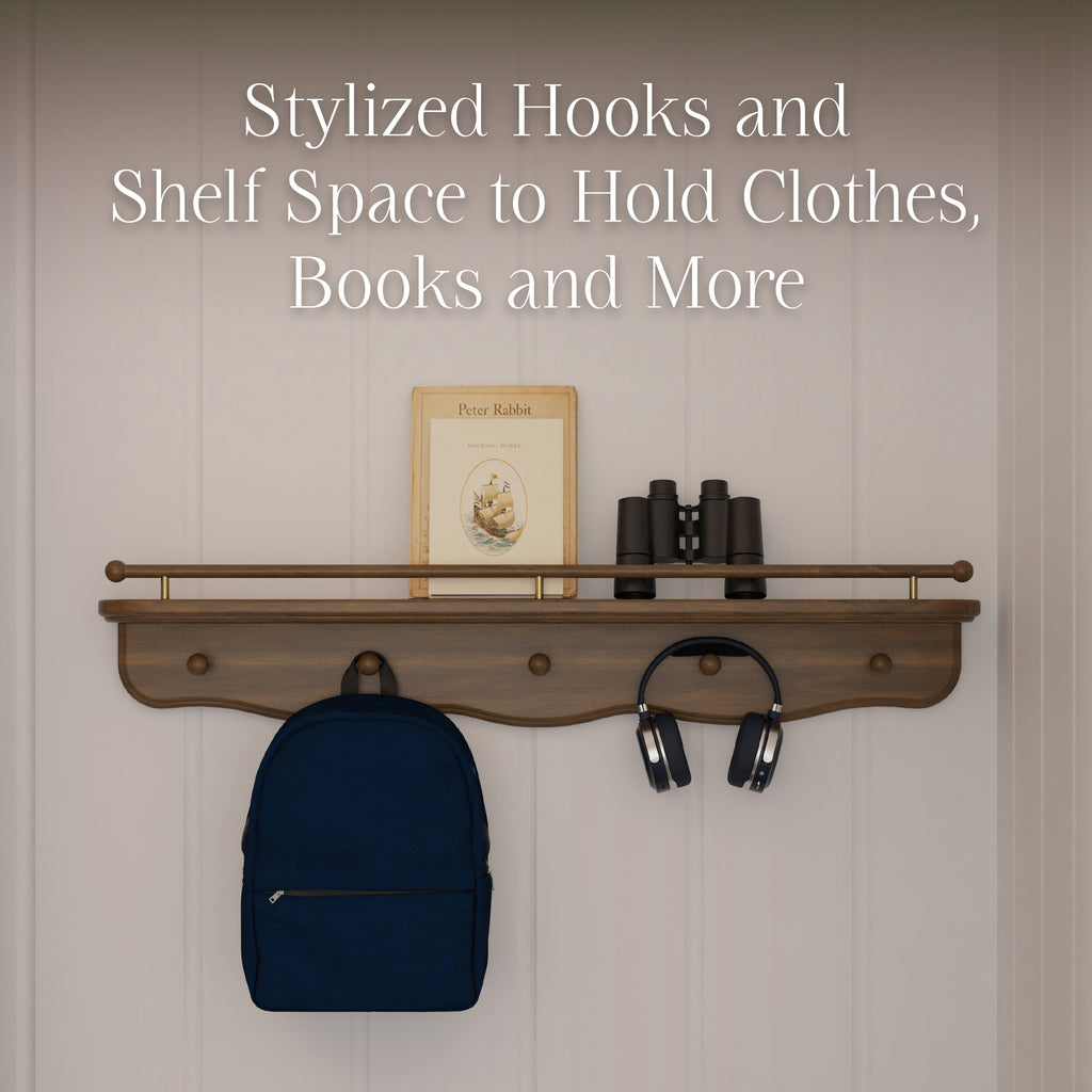 Liberty 31" Wall Shelf with Hooks in Natural Walnut