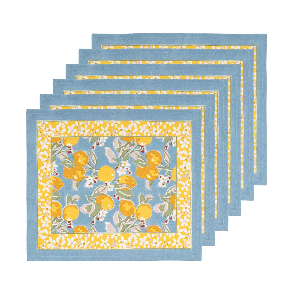 Front view of Citron Mats in Bleu and Yellow, set of 6 showcasing citrus print and blue borders on white background