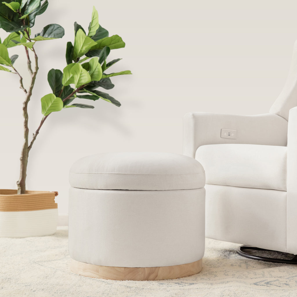Naka Storage Ottoman in Eco-Performance Fabric | Water Repellent & Stain Resistant in Performance Cream Eco-Weave with Light Wood Base