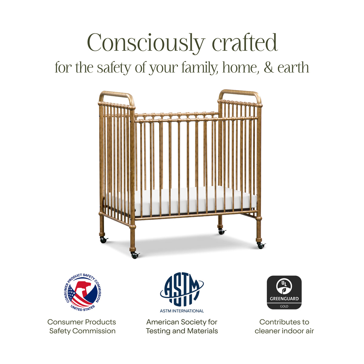 Abigail 3-in-1 Convertible Mini Crib in Vintage Gold