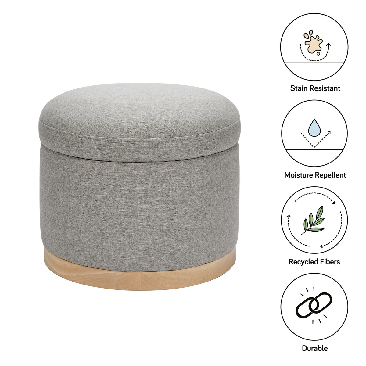Naka Storage Ottoman in Eco-Performance Fabric | Water Repellent & Stain Resistant in Performance Grey Eco-Weave with Light Wood Base