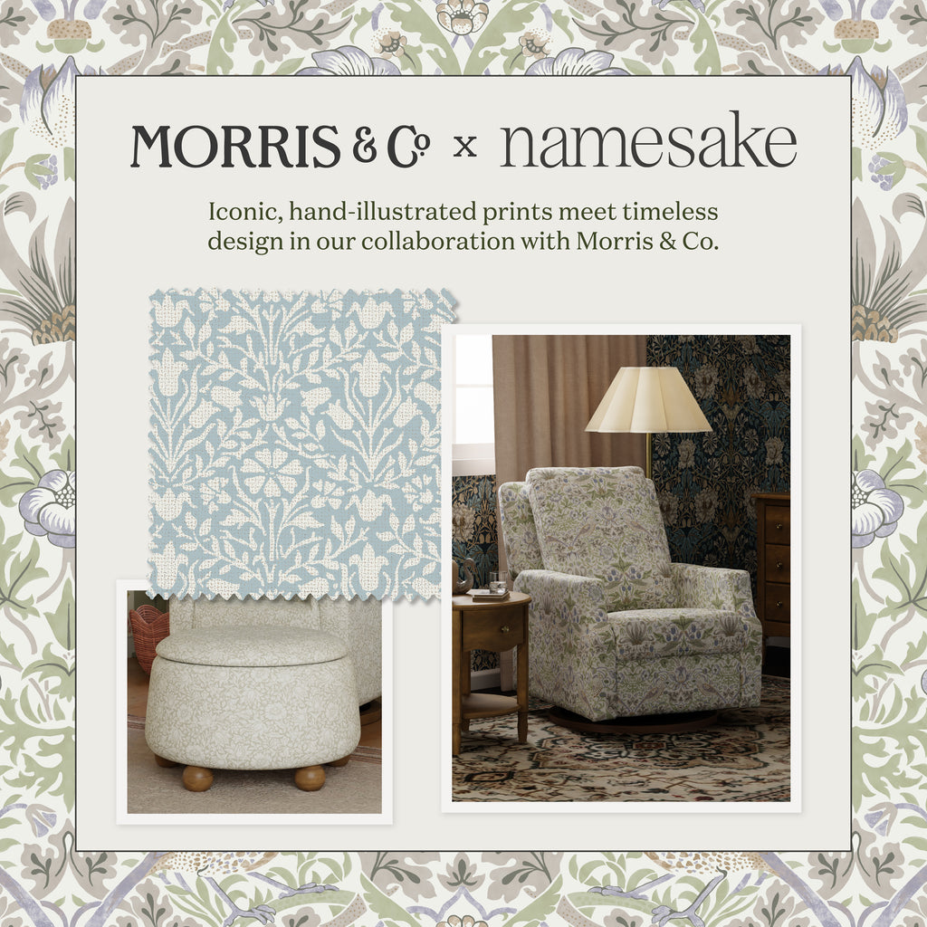 Morris & Co. x Namesake Crewe Recliner and Swivel Glider Bellflowers in Powdered Blue