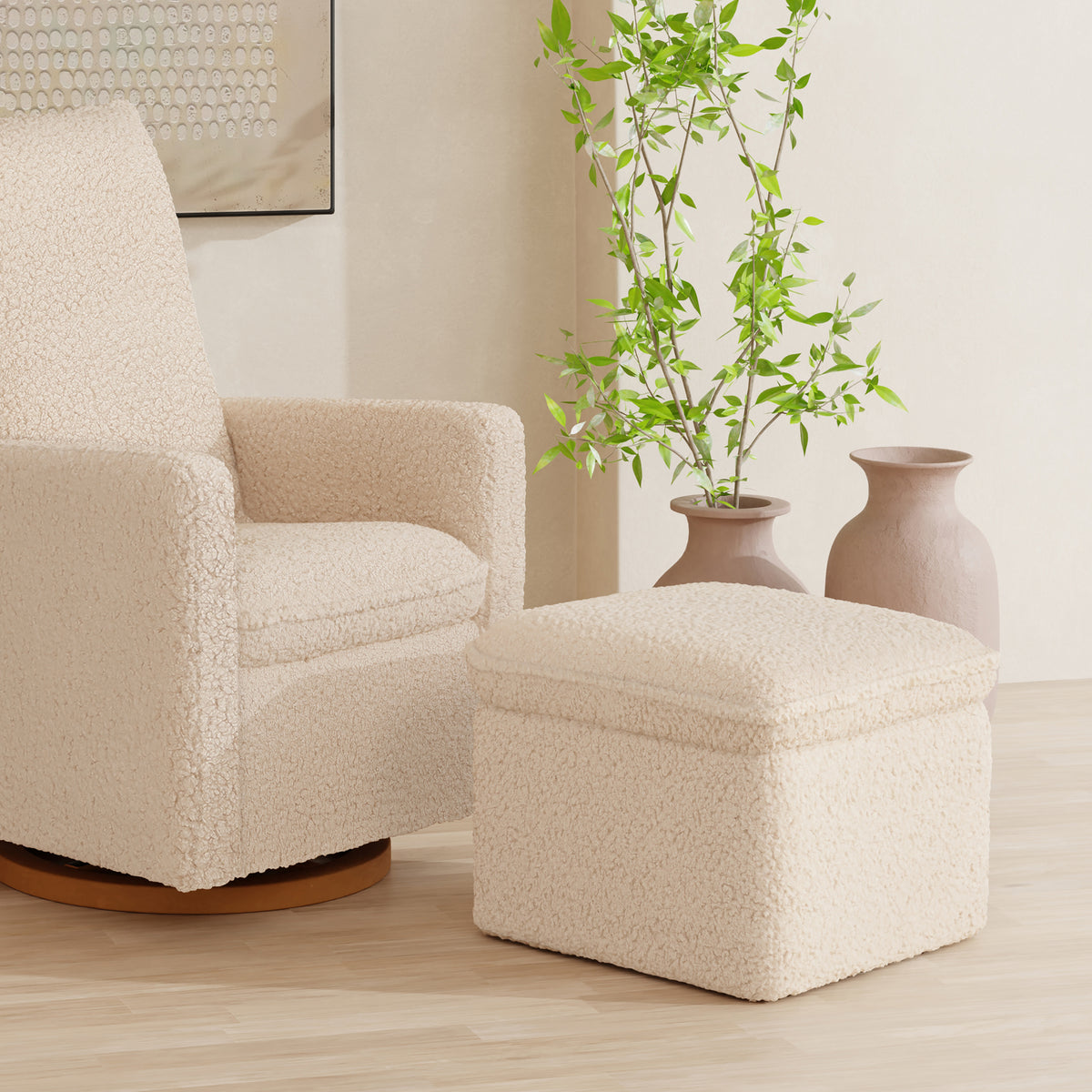 Cali Storage Ottoman in Shearling in Chai Shearling