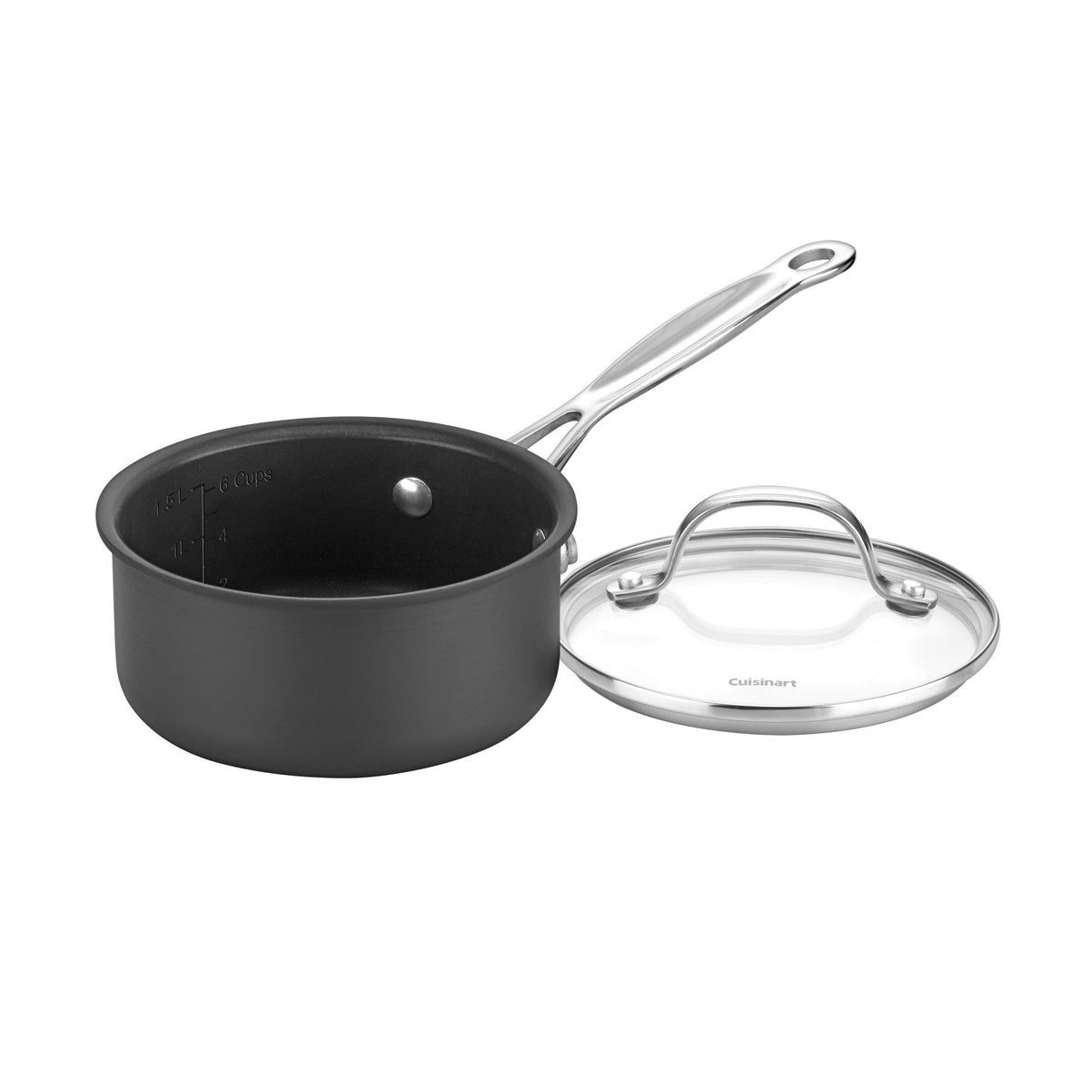 Front view of Chef’s Classic® 2 Quart Saucepan in Black with interior markings and tempered glass lid