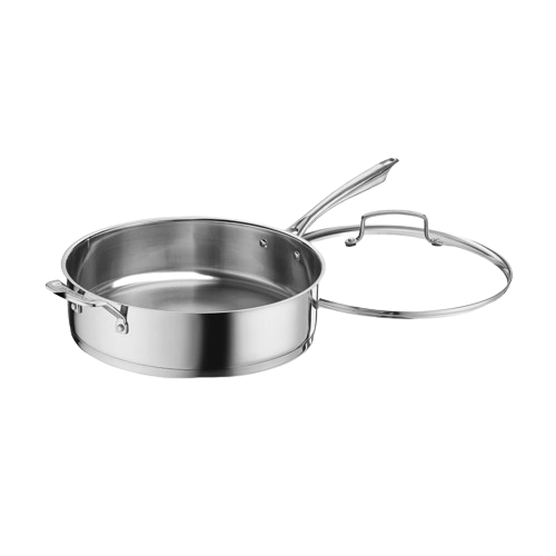 Three-quarter view of 6-quart stainless steel sauté pan with riveted main and helper handles and lid on white