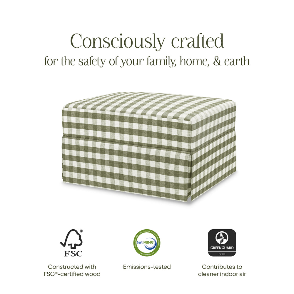 Banner reading ‘Consciously crafted for the safety of your family, home, & earth’ with FSC, CertiPUR‑US, GREENGUARD badges