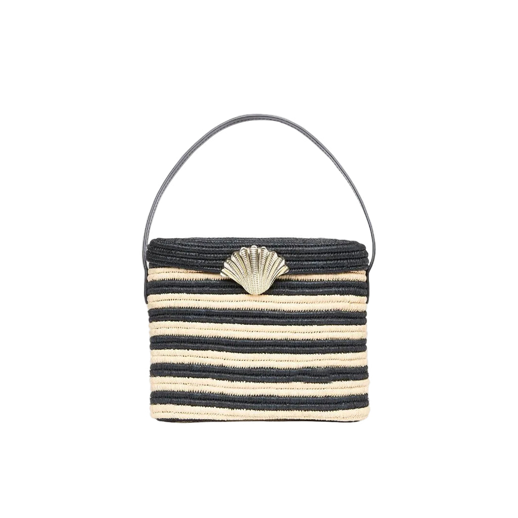 Raffia top handle bag handwoven in natural striped raffia with gold shell detail