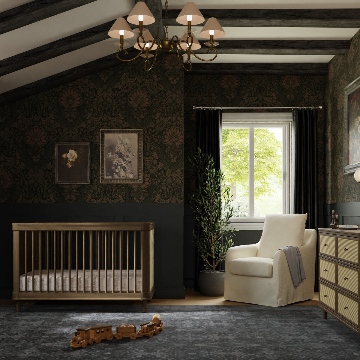 Marin with Cane 3-in-1 Convertible Crib in Natural Walnut & Blonde Cane