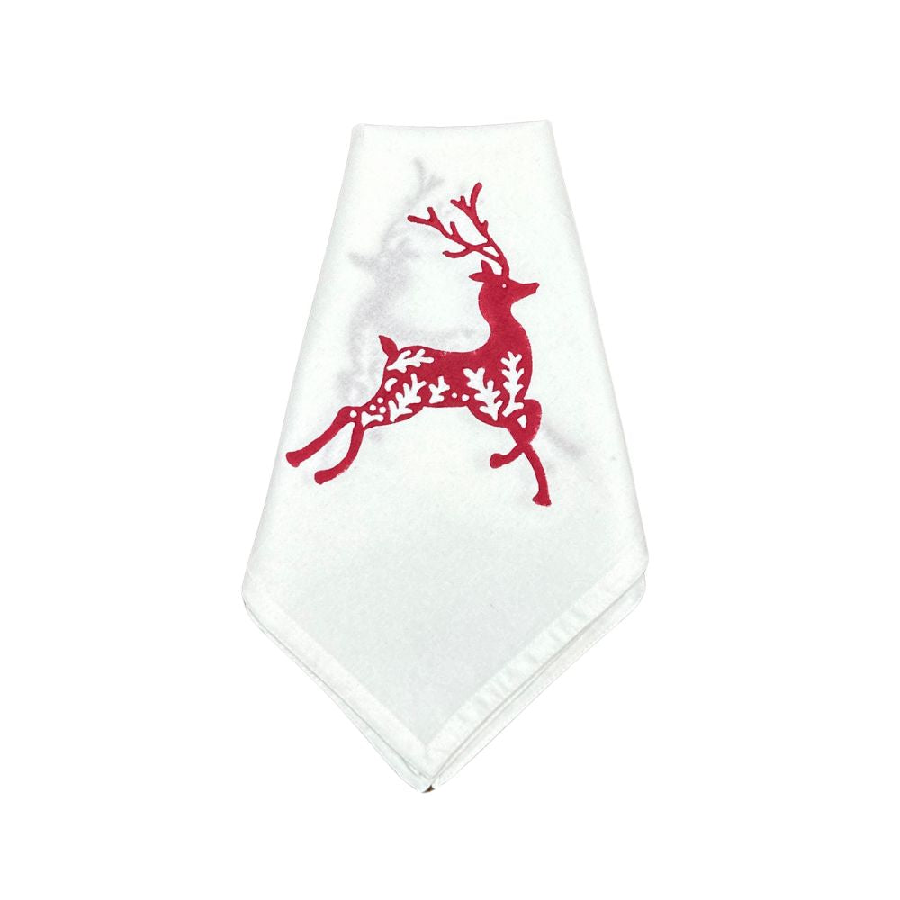 White cloth napkin with a red deer design on a white background