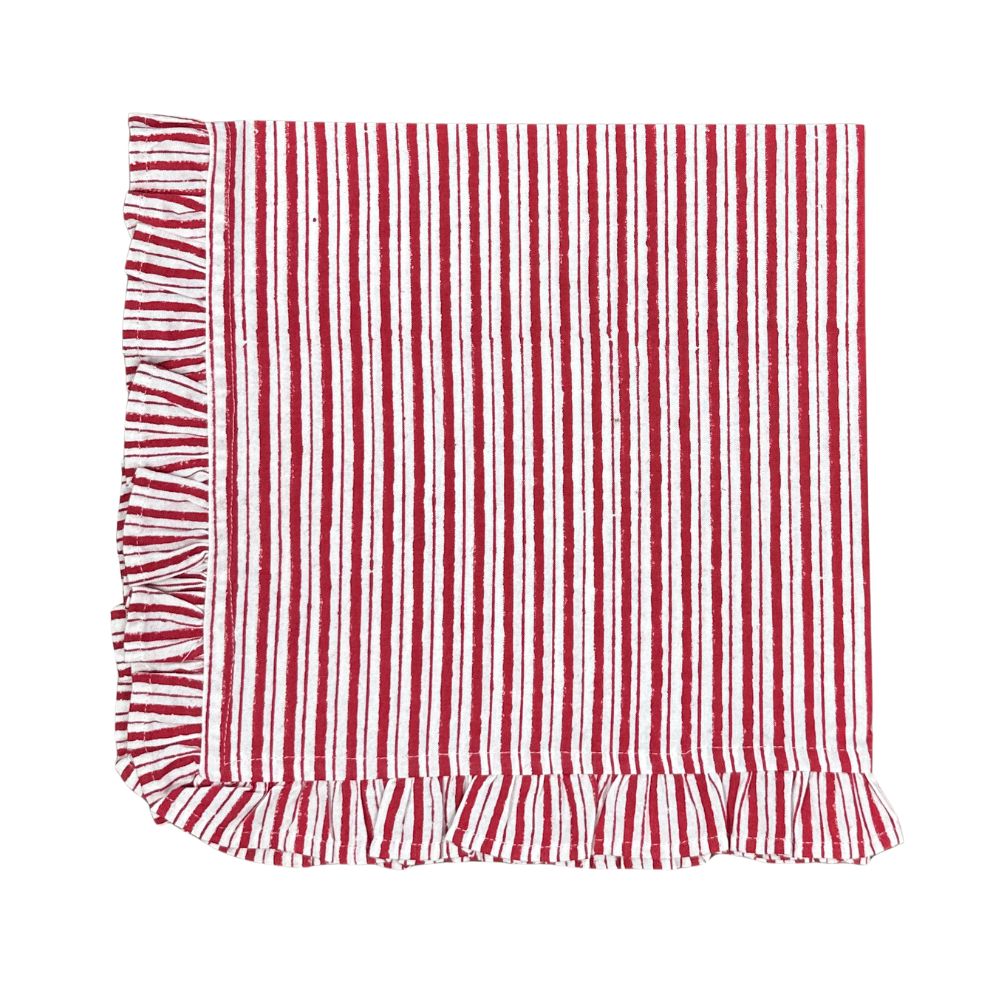 Red and white striped cloth napkin with ruffled edge on a white background