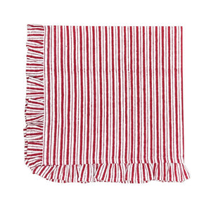Red and white striped cloth napkin with ruffled edge on a white background