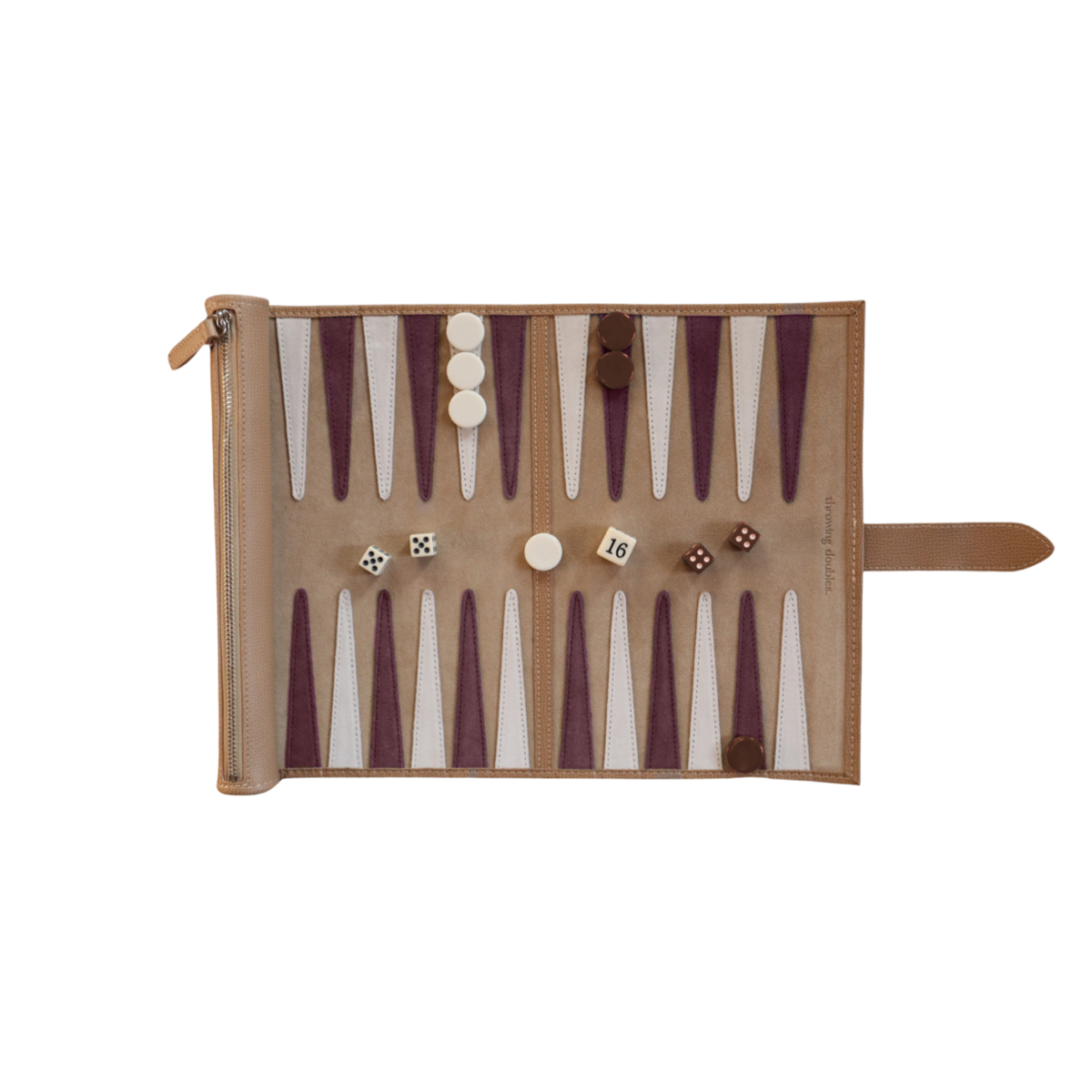 Top view of Travel Bordeaux backgammon board open with burgundy and white suede points, tan leather case, checkers and dice
