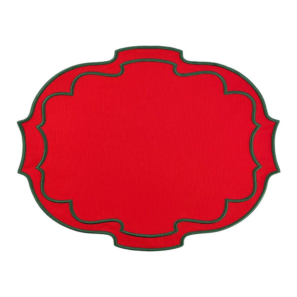 Red placemat with green scalloped embroidery. Christmas luxury placemat