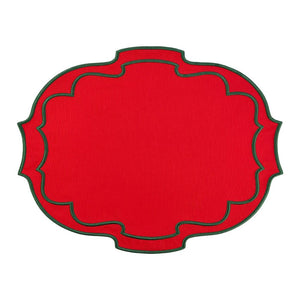 Red placemat with green scalloped embroidery. Christmas luxury placemat