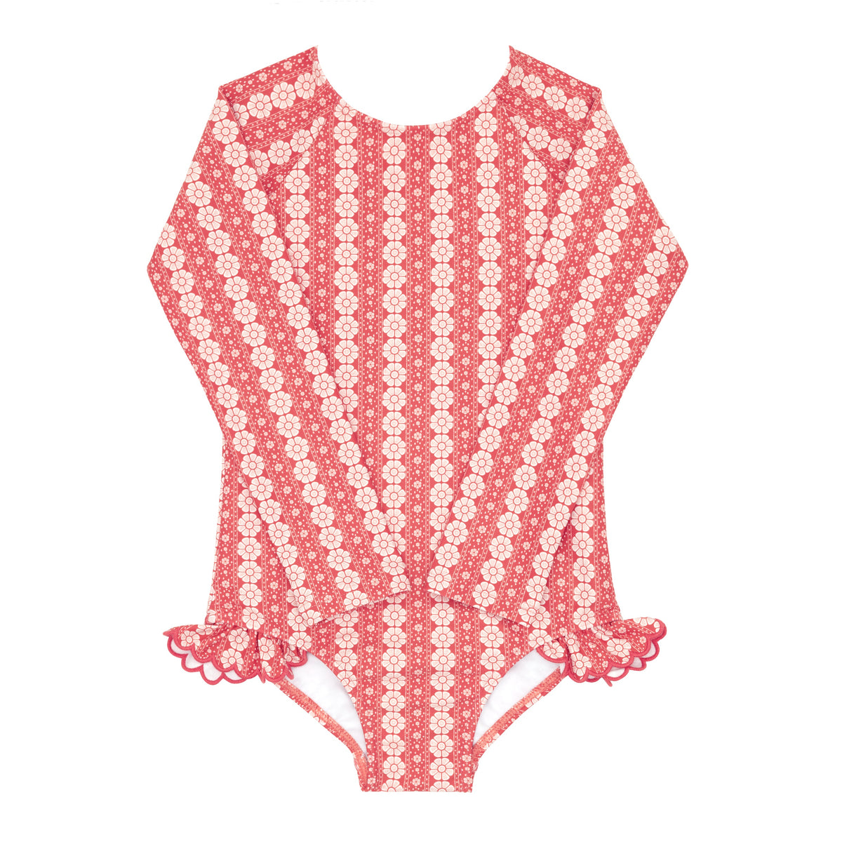 Front view of Girls Regatta Red Paisley Rashguard One Piece showcasing long sleeves and ruffled cuffs with a white background