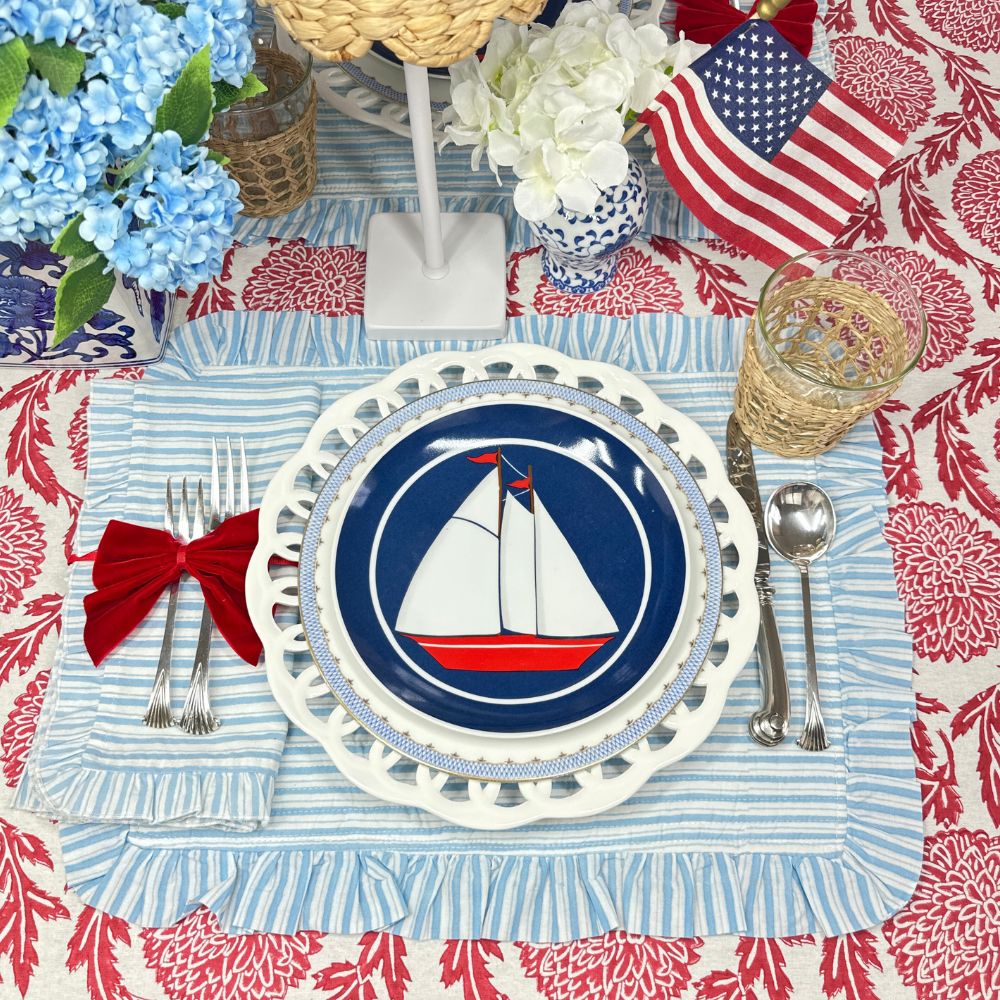 Quilted Ruffle Placemats in Blue Stripe, Set of 4
