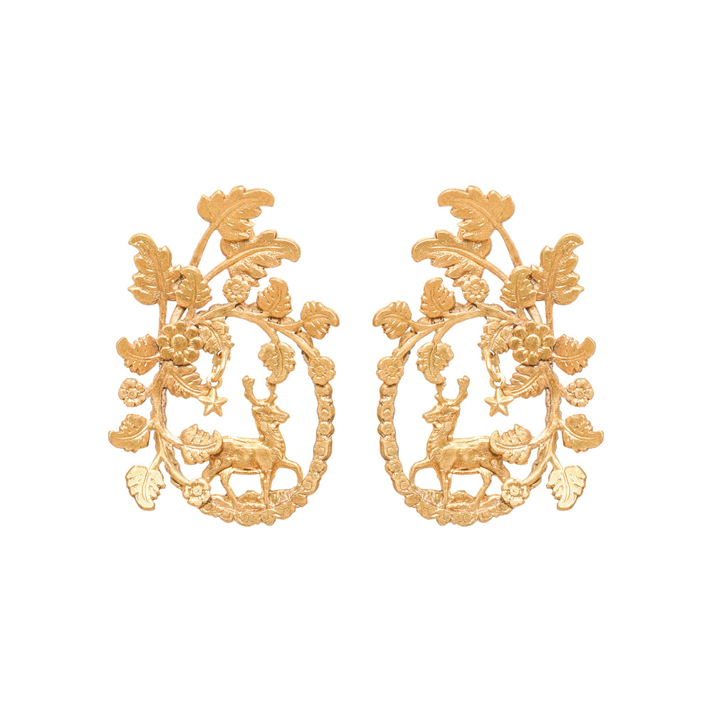 Front view of Diana earrings showcasing hand-hammered brass woodland motif with deer and leaf details on white background