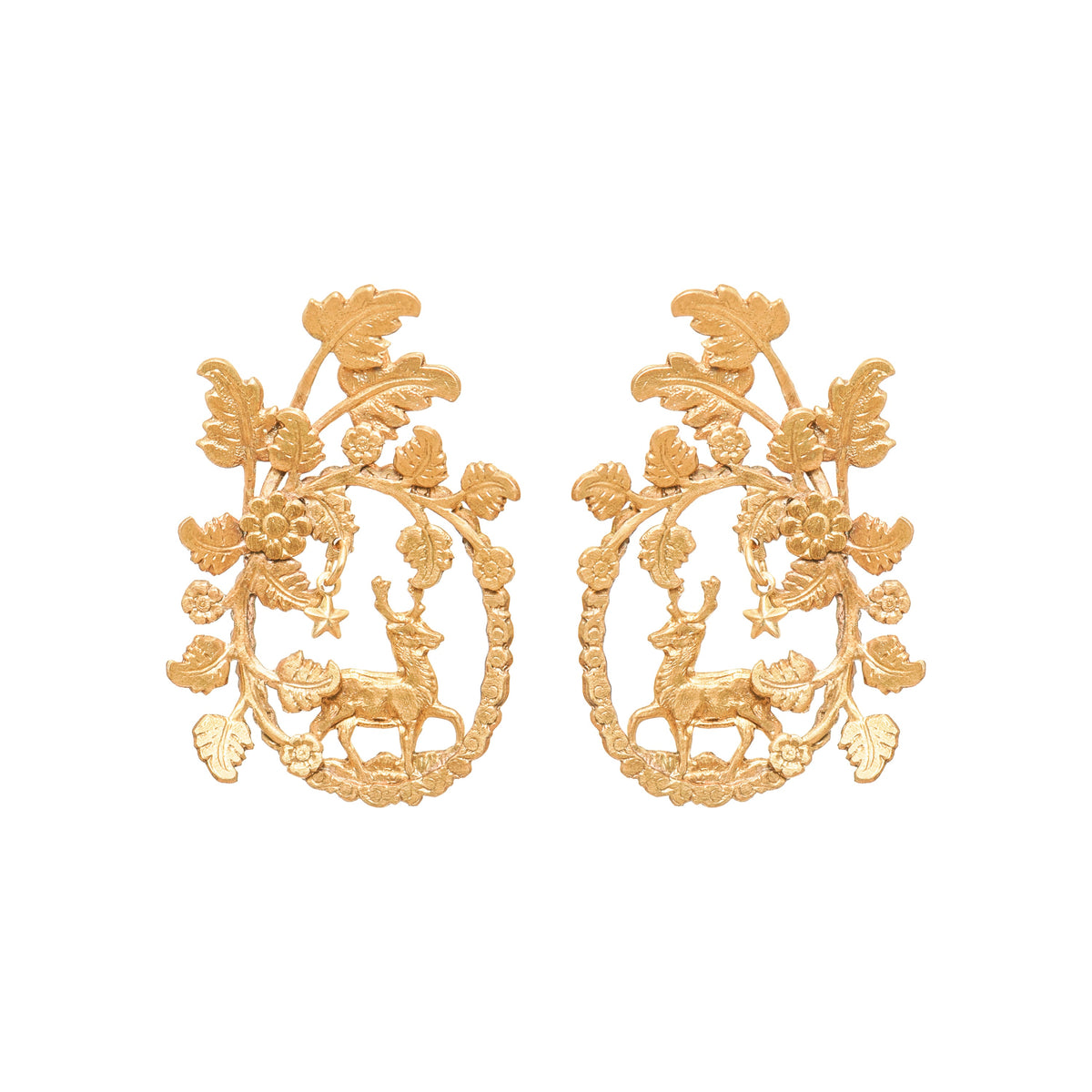 Front view of Diana earrings showcasing hand-hammered brass woodland motif with deer and leaf details on white background