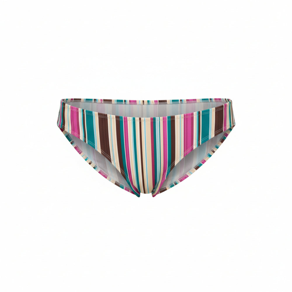 Front view of The Classic Bikini Bottom showcasing retro multicolor vertical stripes and low-rise fit on white background