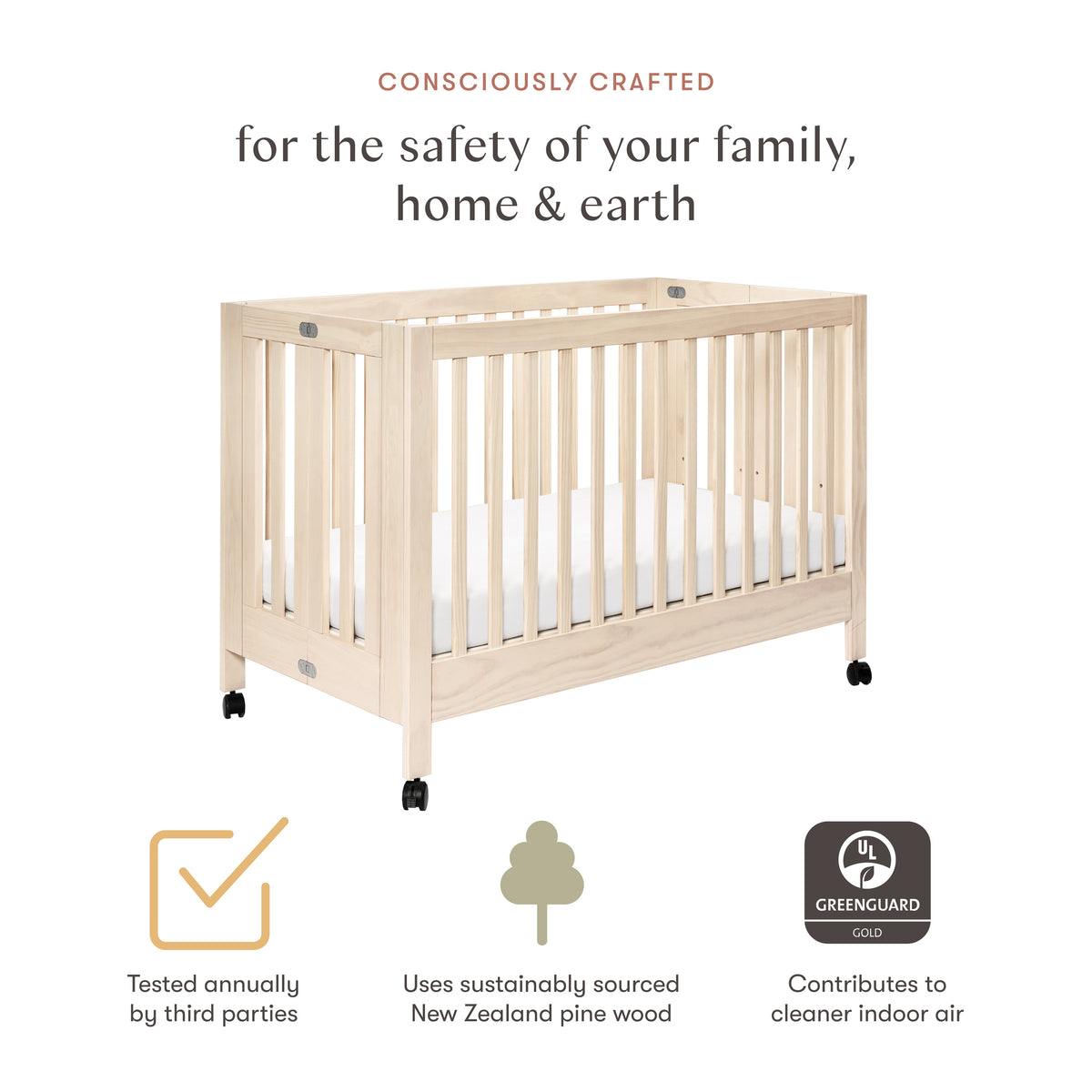Maki Portable Folding Crib with Toddler Bed Conversion Kit in Washed Natural