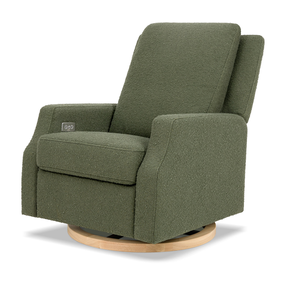 Front view of Crewe Electronic Recliner and Swivel Glider showcasing olive bouclé upholstery and light wood base on white