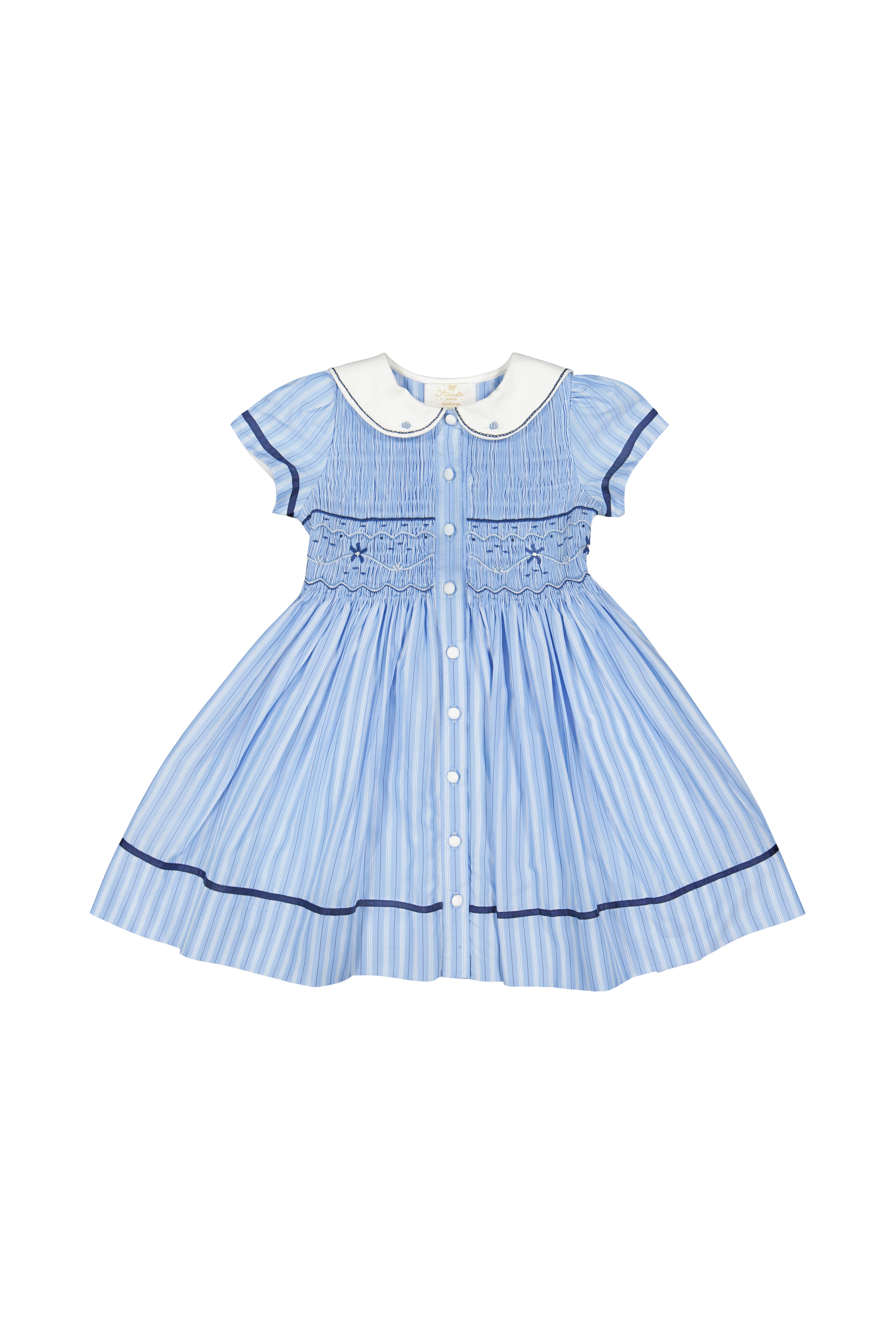 Riviera Blue Stripe Short Sleeve Smocked Dress