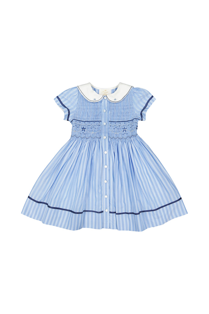 Riviera Blue Stripe Short Sleeve Smocked Dress