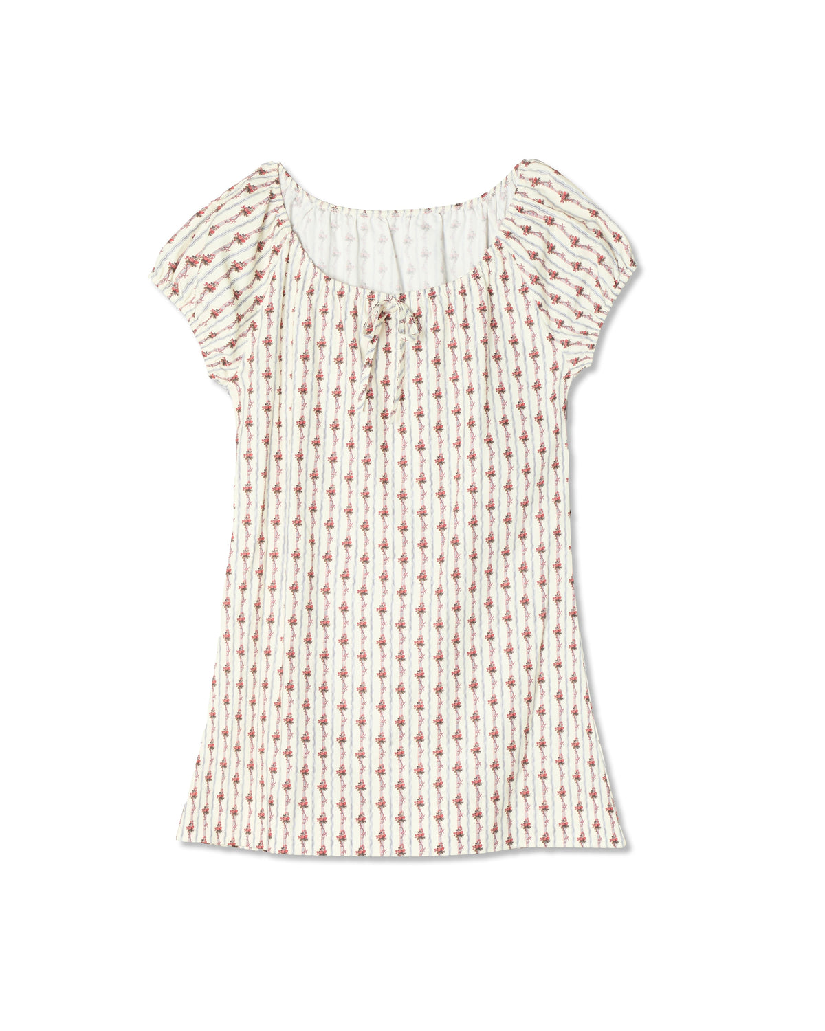 Flat lay Rose Garden Night Dress with scoop neckline and tie, short puff sleeves, and vertical rose print on white background