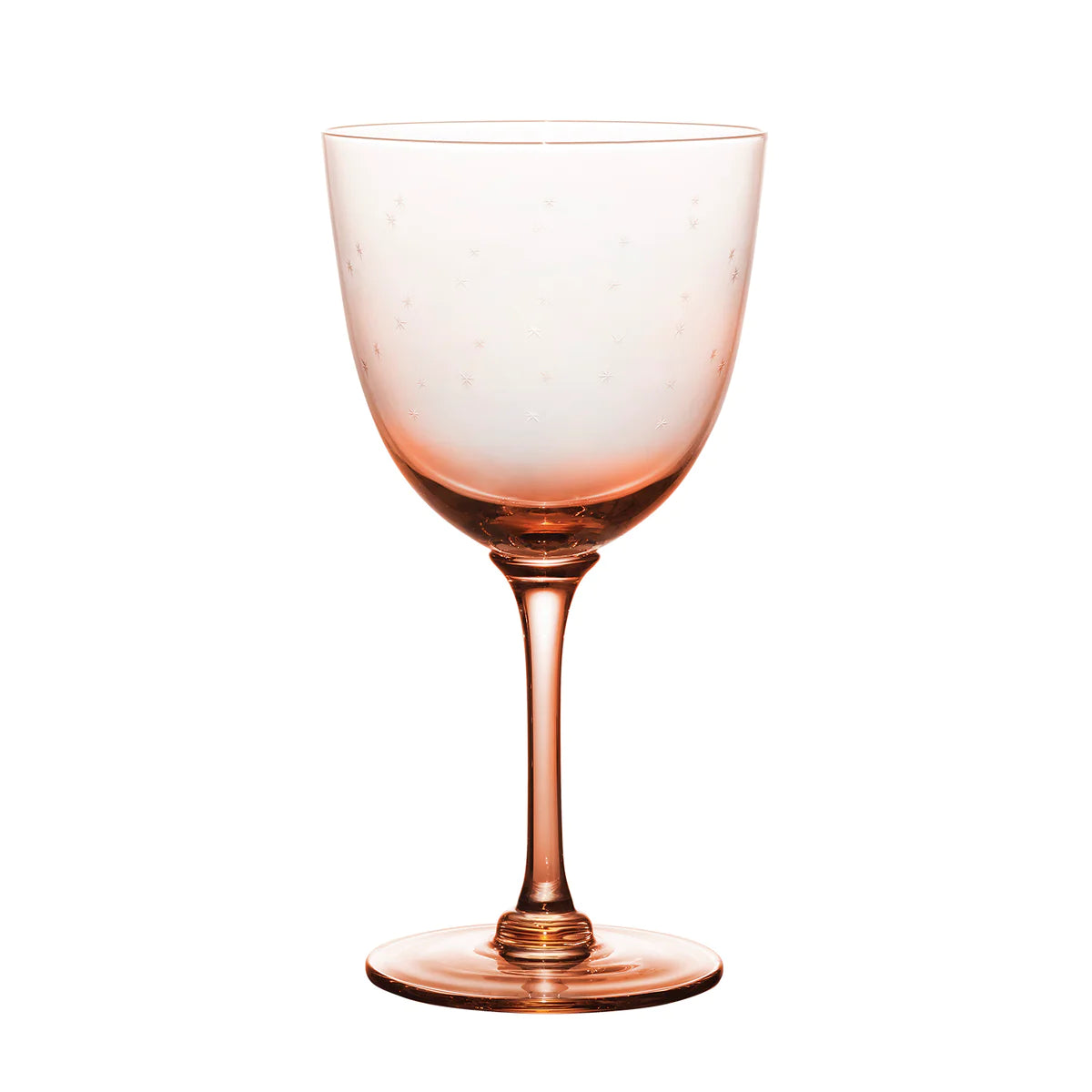 Front view of rose wine glass showcasing engraved star pattern on the bowl with white background