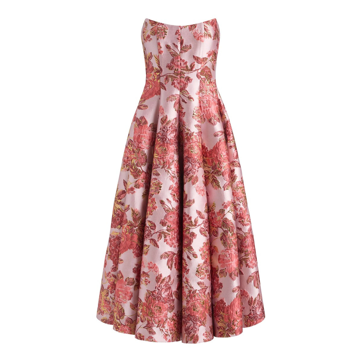 rousseau-pink-metallic-floral-strapless-midi-dress