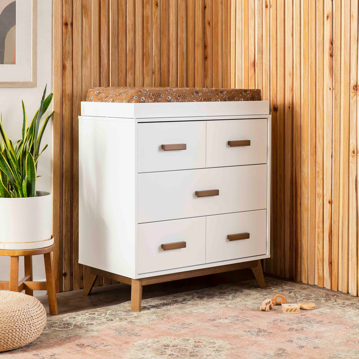 Scoot 3-Drawer Changer Dresser with Removable Changing Tray in White & Natural Walnut