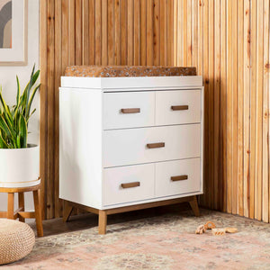 Scoot 3-Drawer Changer Dresser with Removable Changing Tray in White & Natural Walnut