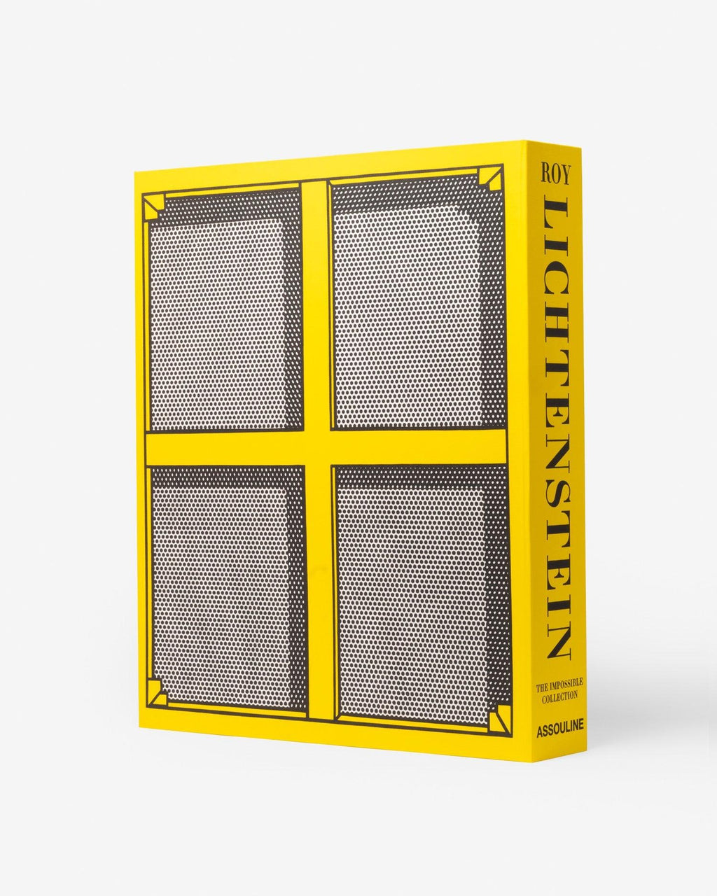 The Impossible Collection of Roy Lichtenstein by Assouline: Three-quarter view of the yellow presentation box. The face displays four silver-grey Ben-Day dot quadrant panels separated by bold yellow crossbars with black corner diamond accents — a Lichtenstein-inspired geometric abstraction. ROY / LICHTENSTEIN on the yellow spine. ASSOULINE at base.