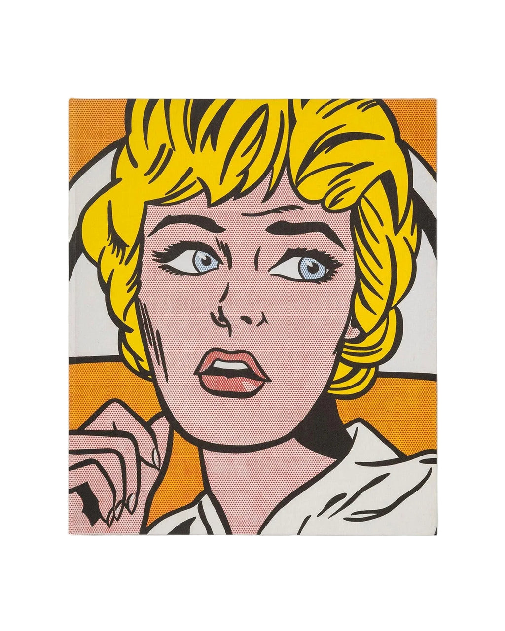The Impossible Collection of Roy Lichtenstein by Assouline: Front-facing flat view of the cover. A full-bleed pop-art portrait of a blonde woman in a white nurse's cap: bold black outlines, Ben-Day halftone dots, warm orange-yellow background, blue eyes, open lips. No title text on the cover — the artwork fills the entire front face.