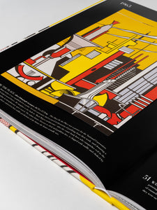 The Impossible Collection of Roy Lichtenstein by Assouline: Angled view of an open book spread. The right page features entry 51, a 1965 Lichtenstein lithograph depicting industrial machinery and architectural forms in yellow, red, black, and white with bold outlines and Ben-Day dots. Left page carries caption and body copy. Polka-dot fore-edge is visible.
