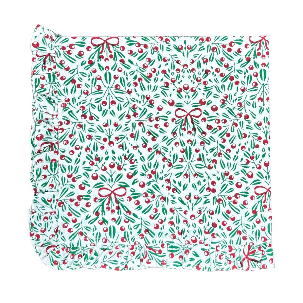 Christmas mistletoe with red bows, green leaves, and red berries cloth napkin with ruffles 
