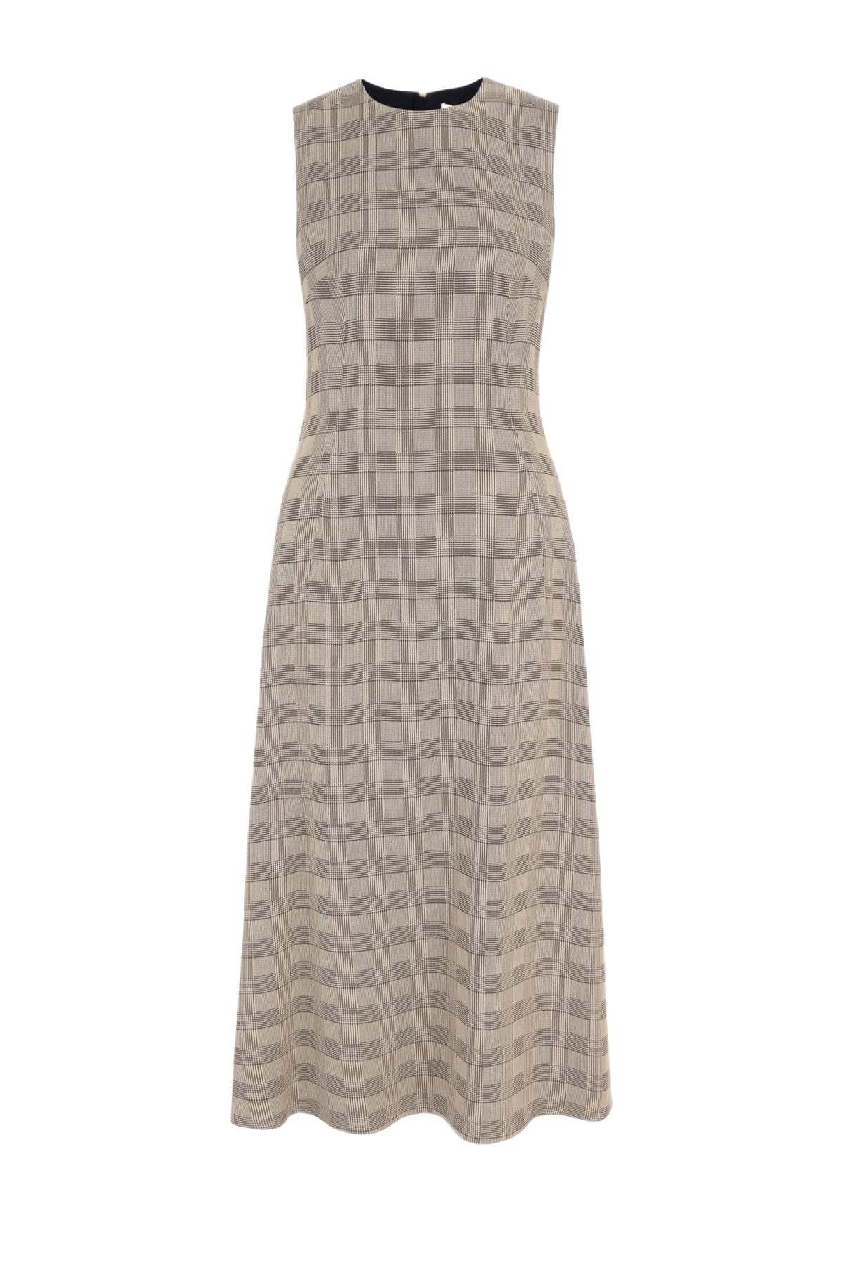 Front view of Rumi dress, black and beige Prince of Wales check, sleeveless with round neckline and flared skirt on white