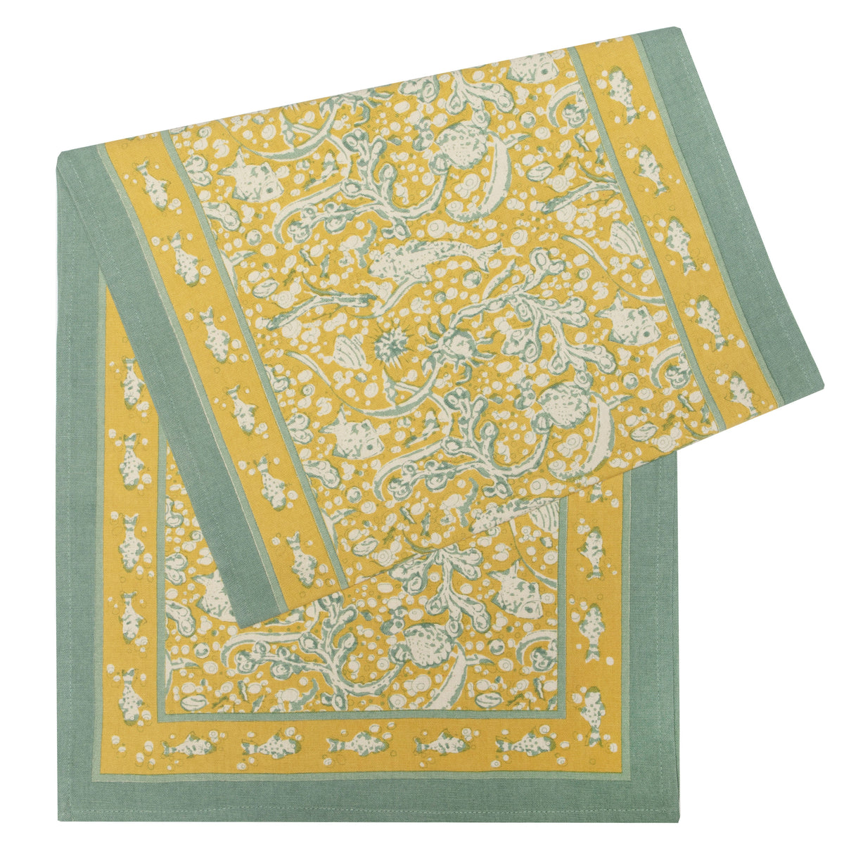 Angled close-up of La Mer Runner Aqua & Citrine showcasing its aqua and citrine seaside-inspired pattern with a white background