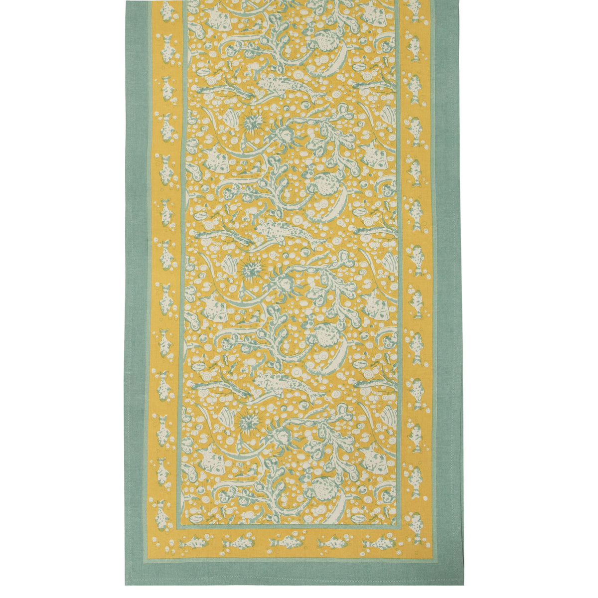 Close-up of La Mer Runner Aqua & Citrine showcasing an aqua border and citrine paisley floral pattern on white