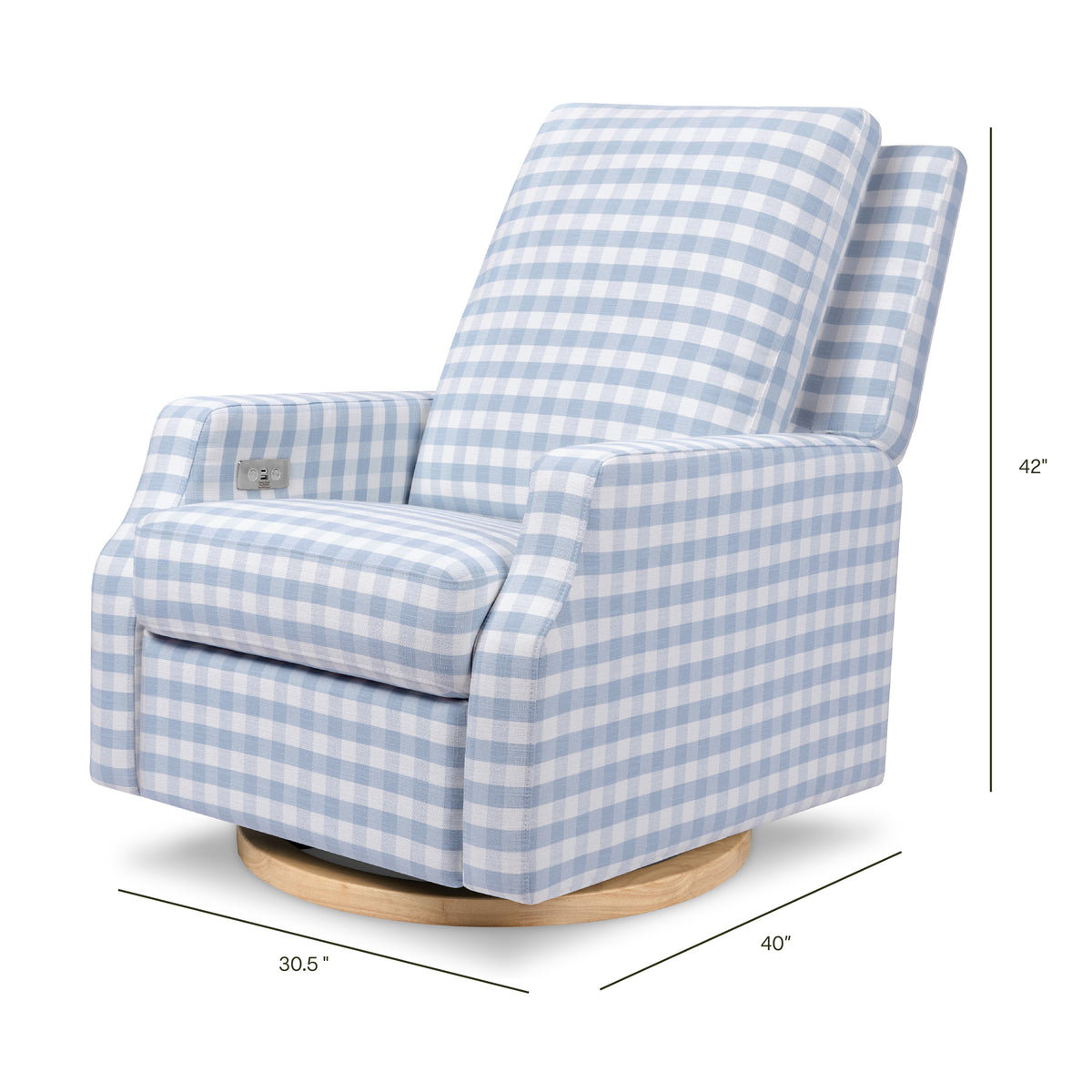 Crewe Electronic Recliner and Swivel Glider in Blue Gingham with Light Wood Base