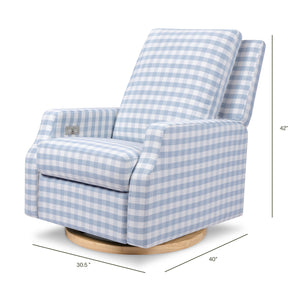 Crewe Electronic Recliner and Swivel Glider in Blue Gingham with Light Wood Base
