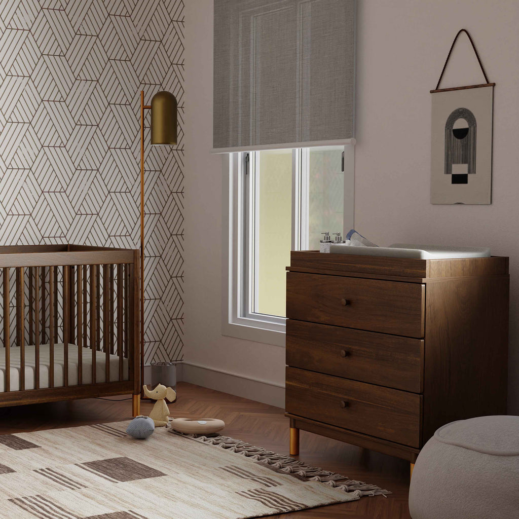 Gelato 3-Drawer Compact Changer Dresser with Removable Changing Tray (34") in Natural Walnut & Gold Feet
