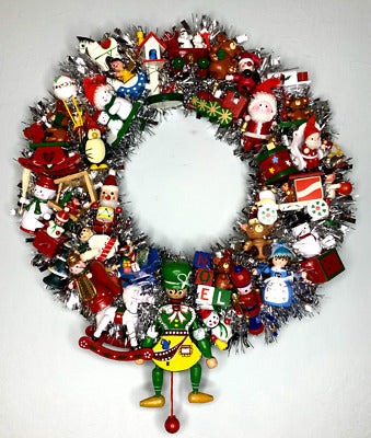 16" Christmas Wreath with Vintage Wood Toy Ornaments Nostalgic